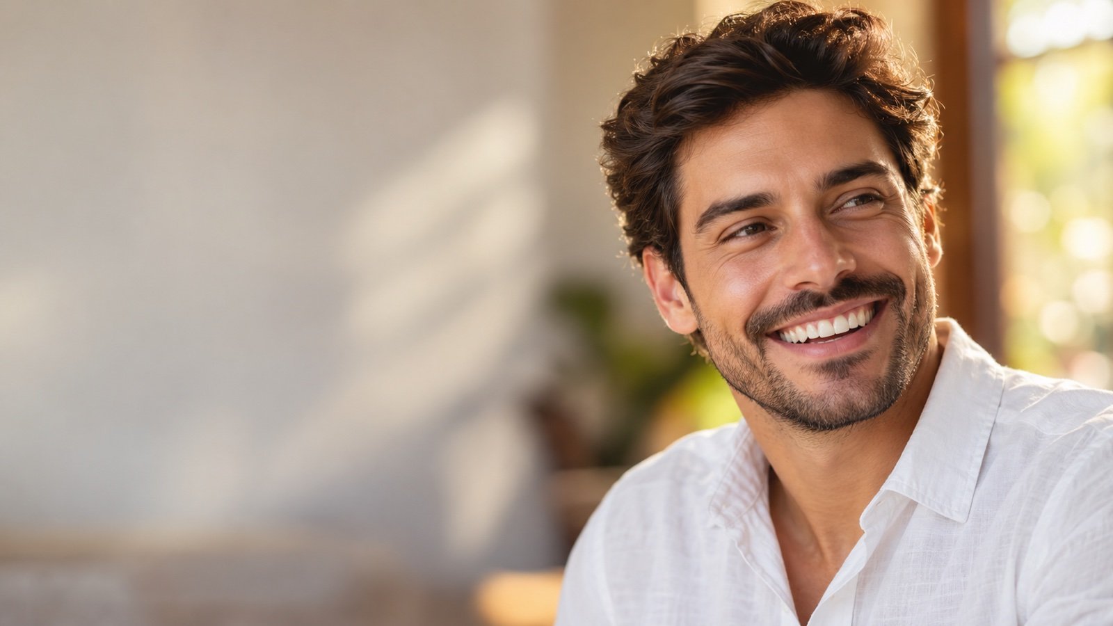 Cena ilustrativa de homem adulto sorrindo em uma conversa em casa