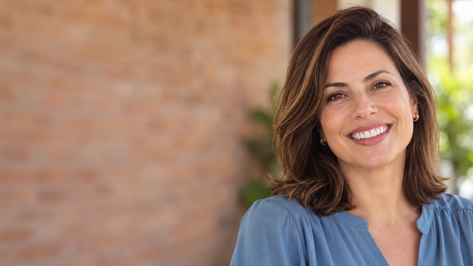 Cena ilustrativa de mulher adulta sorrindo em uma varanda sombreada