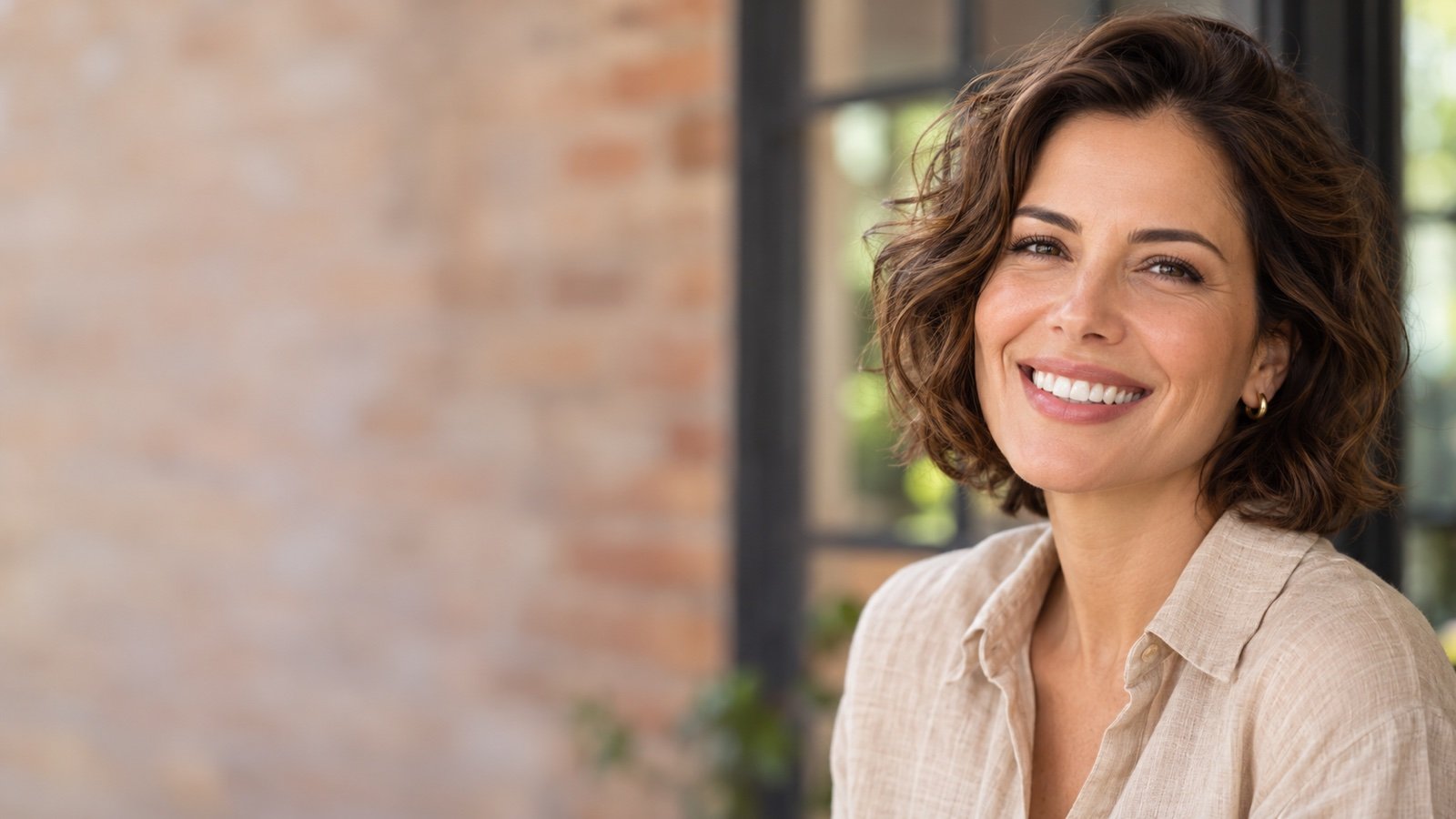 Cena ilustrativa de mulher adulta sorrindo em uma varanda