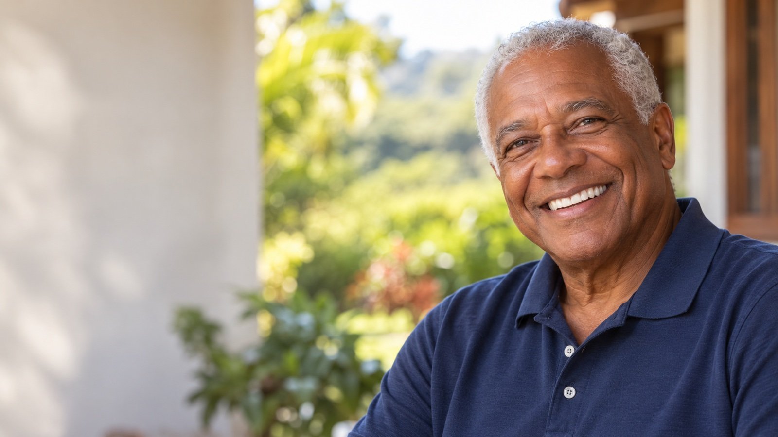 Cena ilustrativa de homem mais velho sorrindo na varanda de casa